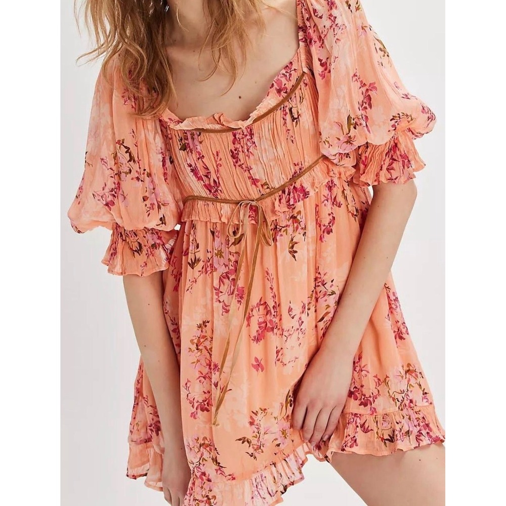 Free People Marney Babydoll Mini Dress Peach Combo Floral Puff Sleeve coquette